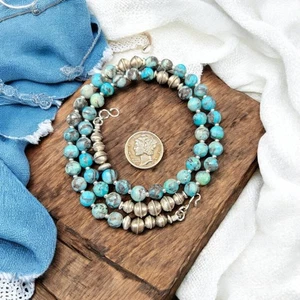 Sterling NAVAJO Pearl Blue Chrysocolla Bench Beads Necklace VTG Silver 18.5" - Picture 1 of 10