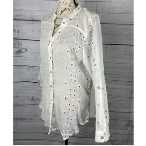 Top Hope Springs para mujer M blanco gasa bordado transparente cuello en V mangas largas - Imagen 1 de 11