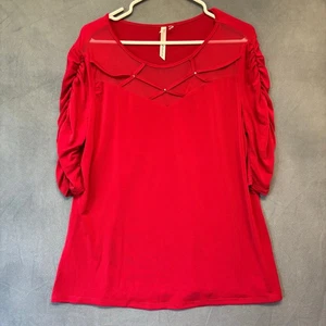 NY Collection Cherry Red Blouse Stretchy Mesh Cleavage Criss Cross Studded Work - Picture 1 of 10