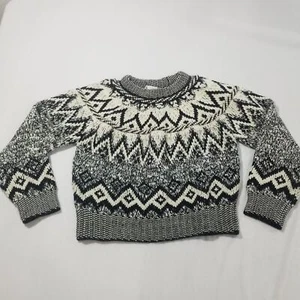 Zara Sweater Large Jumper Jacquard Fair Isle Nordic Wool Crewneck Gray Cropped - Picture 1 of 9
