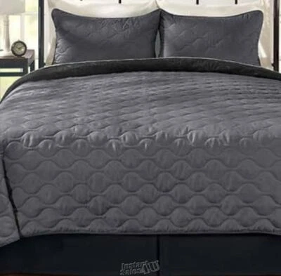 Stoneberry-Reversible Quilt Set KING GREY BLACK Polyester  - Image 1 of 2