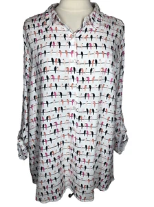 Jane+Delancey 2X High Low Button Up Blouse Birds on a Line Print Roll Tab Flowy - Picture 1 of 12