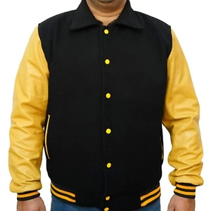 Men's Letterman Baseball College Bomber Black Wool Yellow Leather Varsity Jacket - Picture 1 of 5