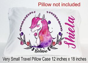 New Unicorn Small Travel Pillow Case Personalized Name Pink Believe Water Color
