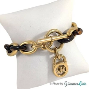 Michael Kors Faux Tortoise Shell MK Toggle Link Gold Tone Bracelet - Picture 1 of 7