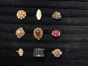 Vintage Konvolut 9 Modeschmuck Ring Konvolut gold silberfarben Strass Cocktail - Bild 1 von 2