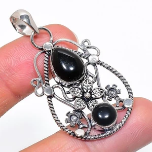 Black Onyx Gemstone Handmade 925 Sterling Silver Jewelry Pendant Size 2" - Picture 1 of 1