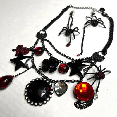 Conjunto de collar de tela de araña vintage Betsey Johnson pendientes con dije gótico Halloween Foto 1 de 4