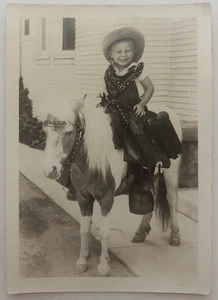 1933 Vintage Photo Little Boy Cowboy Costume on Pony B&W Snapshot - Picture 1 of 2