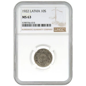 Coin in NGC slab "10 santimu 1922, Latvia, MS 63" - Picture 1 of 2