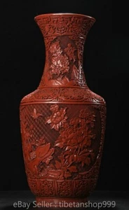 19.6" Old Chinese Qianlong Red Lacquerware Carved Palace Flower Bottle Vase - Picture 1 of 9