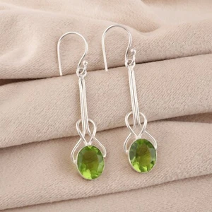Natural Peridot Gemstone 925 Sterling Silver Jewelry Handmade Drop Earrings1.76" - Picture 1 of 6
