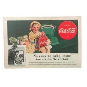 Publicidad publicitaria vintage 1938 Coca Cola para llevar a casa seis botellas cartón - Imagen 1 de 4