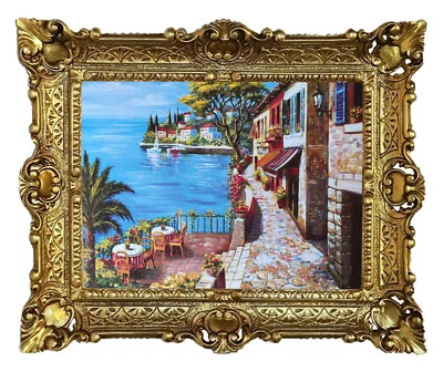 Beautiful Painting 56X46Cm By Rajco - Terrace By The Sea Antique Repro Look Boat - Image 1 of 3