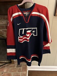 Vintage 2002 Nike Team USA Olympic Ice Hockey Red Blue White Jersey Men's XL