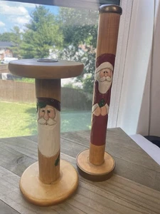 Midwest Of Cannon Falls Carved Santa Spools Candle Holders Folk Art Primitive - Picture 1 of 13