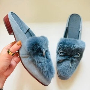 AD TOCHTERS blau grau Kaninchenfell flache Schuhe spitz zulaufend Schleife Pantoletten Schuhe 7,5 - Bild 1 von 13