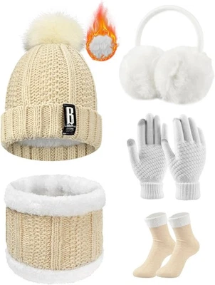 VOQEEN Womens 5-Piece Winter Set: Knit Hat, Scarf, Earmuffs, Gloves & Socks – Warm