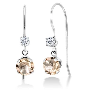 14K White Gold Peach Morganite and White Topaz French Wire Dangle Hook Earrings - Picture 1 of 2