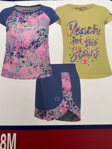 Champion Toddler Girls 3 Piece Shorts Pink Blue Yellow T-Shirt Set Sz 18M New - Picture 1 of 4
