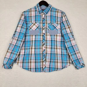 Dickies Shirt Womens Large Blue Pink Plaid Long Sleeve Button Up Western - Picture 1 of 10