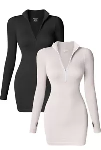 OQQ Small Dresses Sexy Ribbed Zip Front Long Sleeve Tops Mini Dress - Lot Of 2 - Picture 1 of 5