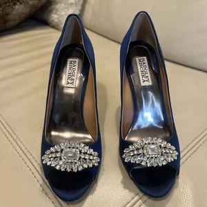 Badgley Mischka Women's Buzz Open-Toe Blue Satin Pump 7.5 worn only 2 x - Picture 1 of 10
