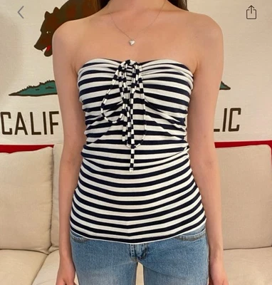 Brandy Melville Dark Navy & White Stripe Evelyn Tube Top w/ Tie Y2k - Image 1 of 4