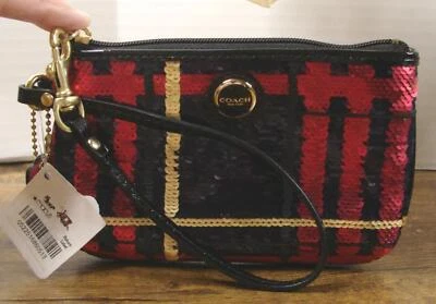 Bolsa Coach vermelha marinha dourada tartan xadrez lantejoulas pulseira nova com etiquetas - Imagem 1 de 3