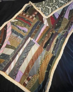 Vintage 48” x 78” Crazy Quilt Hand Stitched Heavy Backing Silk Necktie Fringe - Picture 1 of 23