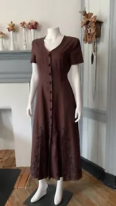 vintage Cotton Linen Blend 1990s Does Edwardian Dress maxi brown soutache trim - Picture 1 of 20