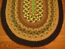 HAND BRAIDED WOOL / POLY OVAL ACCENT RUG GREEN & BROWNS 38" x 26" GOOD CONDITION