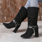 Womens High Heel Mid Calf Boot Buckle Strap Faux Suede Knee High Riding Boots