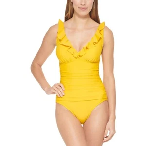 DKNY Ruffle Plunge Underwire Tummy Control One-Piece Swimsuit Cumin Size 16 - Picture 1 of 2