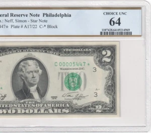 1976 $2 Two Dollar Star Philadelphia C00005438* Low Serial Number PCGS Graded 64 - Picture 1 of 3