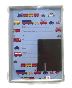 BNIB 12 Bobble Art Kids Invitations Envelopes Magnets Transport Cars Trains Blue - Picture 1 of 2