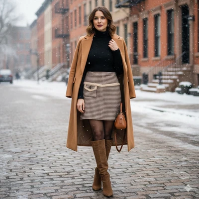 Falda Petite Studio NYC Beige Marrón Lana a Cuadros XS Línea A Academia Preppy Foto 1 de 4