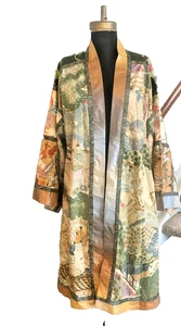 Kimono Robe w/Obi Sash Cotton handmade Chinoiserie Bird People Village Fabric S - Picture 1 of 13