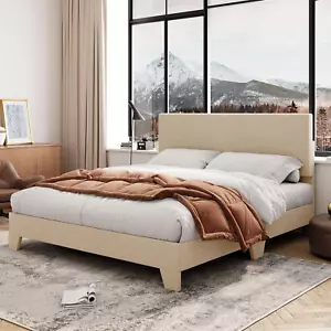 Queen Size Bed Frame & Adjustable Headboard Upholstered Platform Bed Wood Slats - Picture 1 of 8