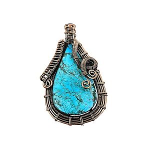 Tibetan Turquoise Gemstone Jewelry Copper Gift For Mum Wire Wrapped Pendant 2.4"