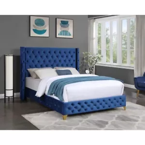 Velvet Upholstered E. King Platform Bed, Tufted Headboard, Golden Legs, Blue - Picture 1 of 3