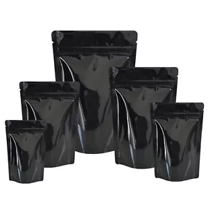 BLACK SHINY HEAT SEALABLE STAND UP POUCH COFFEE BAGS WITH ZIP LOCK ZIPPER SEAL