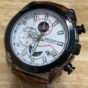 Megir Quartz Chronograph Watch Men Silver Date Leather Band Analog New Battery
