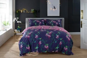 Bird Garden Design Duvet Cover Set Cotton Rich Double Bed Size Reversible Plum - Picture 1 of 3