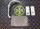 NWT Tory Burch Perry Bombe Top Zip Card Case Leather Wristlet Wallet Gray Heron
