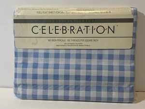 Vintage Celebration blau Gingham-Druck volles flaches Blatt Perkal Wamsutta Mervyn's neu aus altem Lagerbestand - Bild 1 von 4