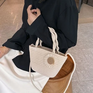 Flower Weave Straw Bag Solid Color Raffia Handbag Beach Shoulder Bag Summer - Picture 1 of 12