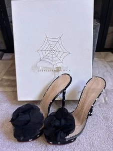 $1095 CHARLOTTE OLYMPIA black cactus print w/ flower platform heels sandals 39 9 - Picture 1 of 10