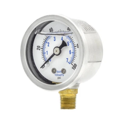 PRO-EDGE INDUSTRIAL PNEUMATICS AND CONTROLS Liquid Filled Lower Mount Pressure Gauge with 1.5" Dial, 0-100 PSI, 1/8"Male NPT