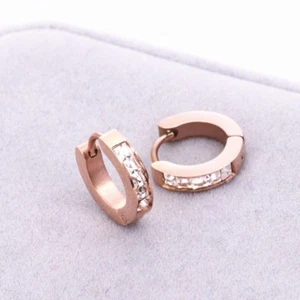 Princess Cut AAA CZ Buckle Titanium Steel Ear Hoops Women's Rose Gold Earrings - Picture 1 of 4